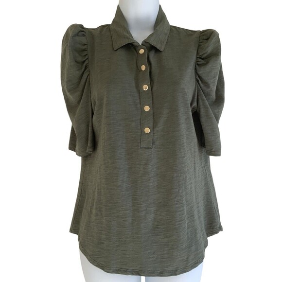 Chico’s Puff Sleeve Slub Cotton Modal Collared Henley Snap Dark Moss Size 0/S - Picture 1 of 10